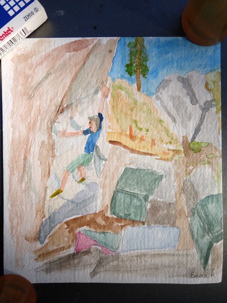 Watercolor of a climber on The Undercling, Hole Boulder, Leavenworth, WA