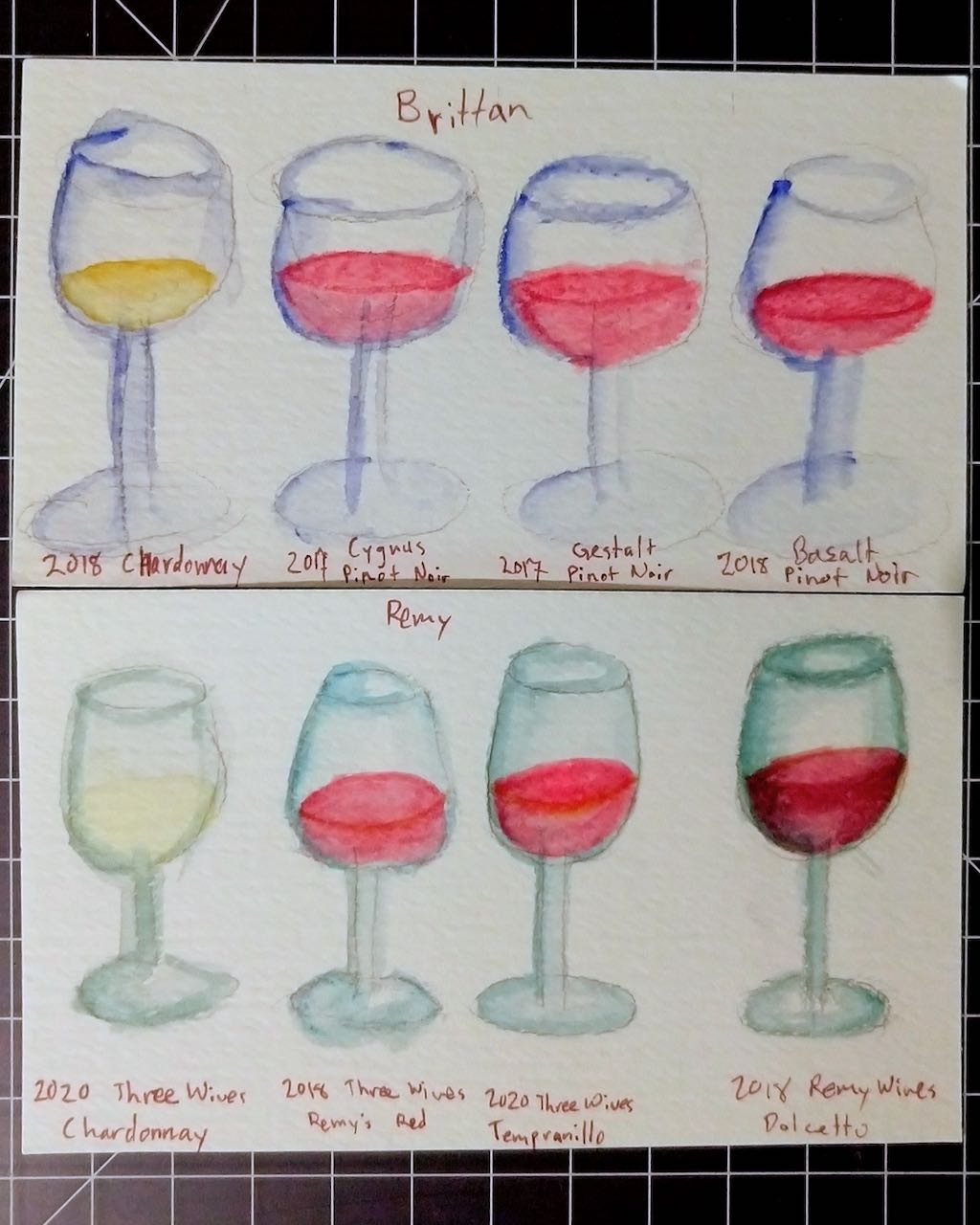 Watercolor paintings of 8 different glasses of wine.